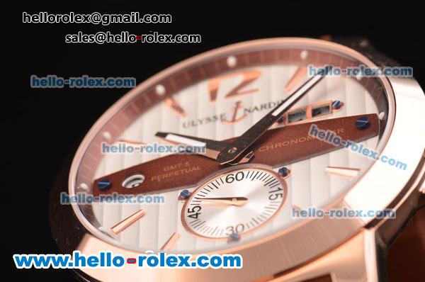 Ulysse Nardin Executive Dual Time ST22 Automatic Run 6@Sec Rose Gold Case with White Dial and Brown Rubber Strap 7750 Coating - Click Image to Close